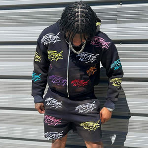 Custom Tracksuit Manufacturer 100% Cotton French Terry Zip up Hoodies and <b>Shorts</b> Custom Vintage Wash Men's Hoodies Set - Product Image 2