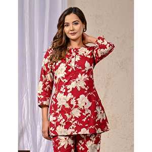 Conjunto de Dos Piezas de Algodón con Estampado de Flores Rojas, Talla XS-XL, Top de Manga Tres Cuartos con Decoración de Botones y Pantalones Cortos - Product Image 1