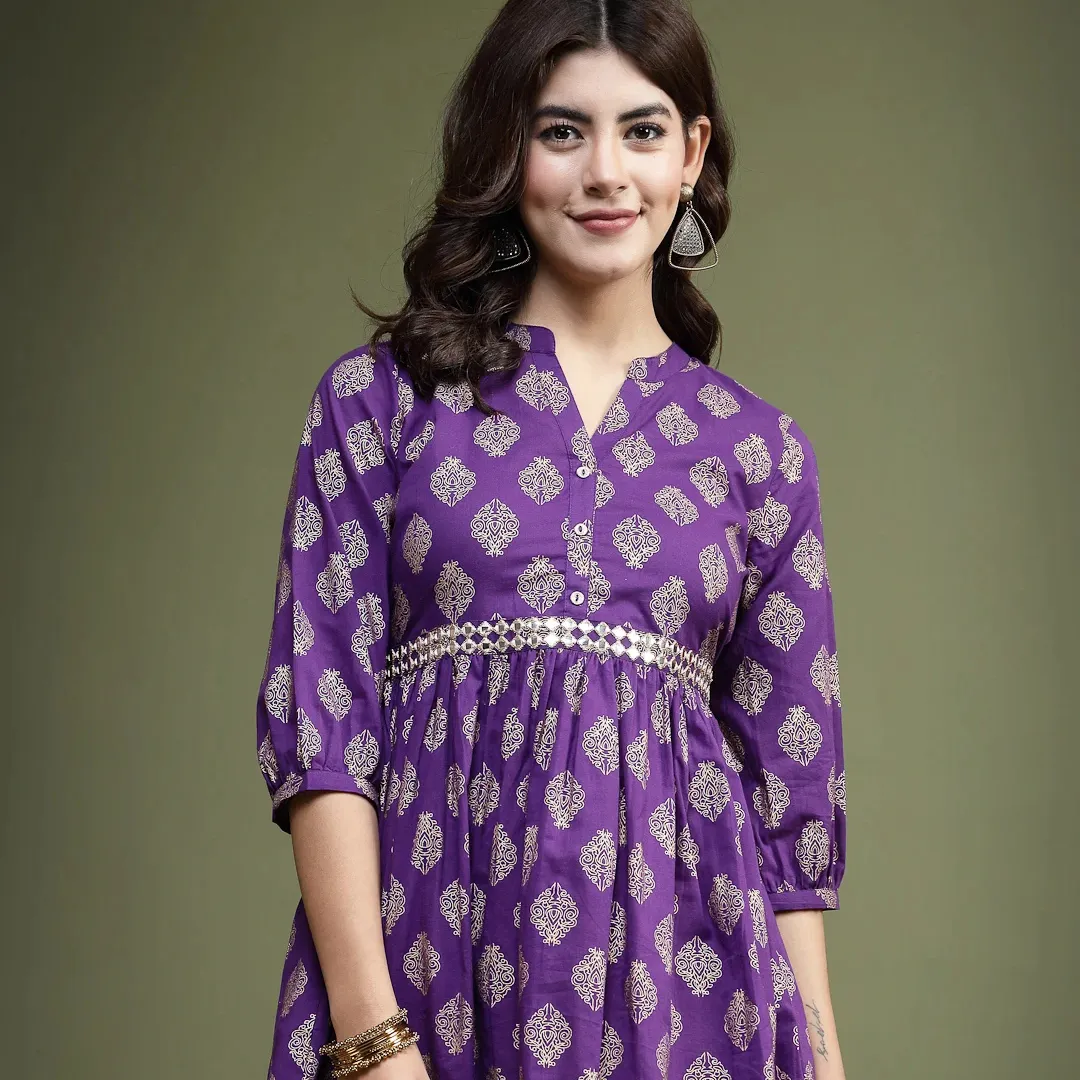 Perfect Hand Block Gold Printed Purple Handwork Cotton Long Top Purple Kurta Set Bulk OEM At Best Price for Women Fashion