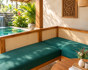 Wood Rattan Garden Sofa Set Corner <b>Bench</b> <b>Cushioned</b> <b>Outdoor</b> Lounge Seating Tropical Style Patio Furniture - Product Image 3