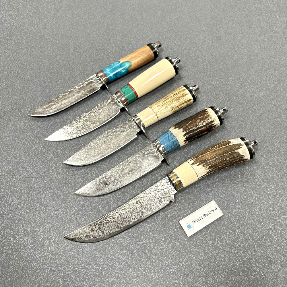 LHYH307 различных вариантов, рукоятка рога с фиксированным лезвием, универсальный нож, кожаный футляр, новый нож из натуральной дамасской стали, нож для охотника за оленями