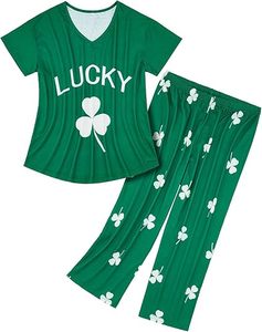 Conjuntos de pijama para mujer, camisa de dormir de dos piezas, Conjunto de pijama de manga corta con estampado de dibujos animados, Tops con cintura elástica, pantalones, ropa de dormir - Product Image 1