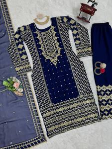 Élégant costume Salwar brodé bleu foncé | Vêtement traditionnel indien pour fête et réception | Prix d'usine - Product Image 5