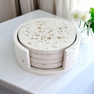 ชุดที่รองแก้ววงกลมลายจุดสีเบจ4ชิ้นชุดถาดรองแก้วหินอุปกรณ์ภายในบ้านงานแฮนด์เมดของขวัญตกแต่งบ้าน - Product Image 4