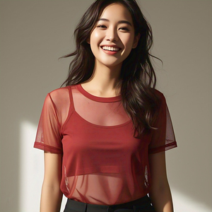 Camisa de verano de malla transparente Cuello redondo Club nocturno Ligero Ver a través de manga corta Camisa de malla transparente Señoras - Product Image 4