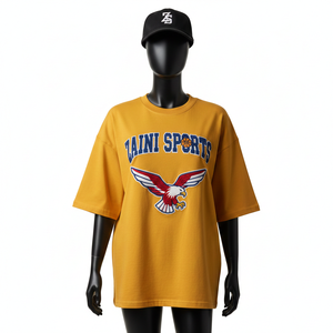 เสื้อยืดทรงบ็อกซี่สำหรับผู้หญิง ผ้าคอตตอนเจอร์ซีย์พรีเมียม 180 GSM ทรงบ็อกซี่ สีมัสตาร์ด ปักลายโลโก้ตามสั่ง เสื้อยืดผ้าฝ้ายสำหรับผู้หญิง - Product Image 1