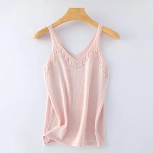 Verano 100% algodón puro cuello en V jacquard hueco tejido tirantes Mujer interior color sólido pulóver BASE TOP chaleco versátil - Product Image 1