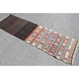 Kilim <b>Brown</b> <b>Wool</b> Rug 2.2 X 7.8 ft Handmade Turkish Flat Weave Jacquard Technique Plush Patchwork for Hallway Rectangle Latex - Product Image 2