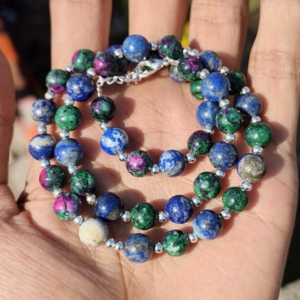 Collier ras du cou bohème en argent sterling avec perles de 8 mm en zoïsite rubis et lapis-lazuli, pierre précieuse naturelle verte et bleue, cadeau de mariage - Product Image 1