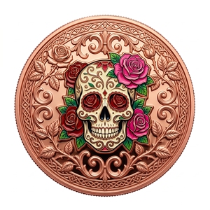 Moneda de Cobre Calavera de Azúcar 5 AVDP oz 65mm 999 Fina con Color UV, Alto Relieve, Rosa Floral 3D, Arte del Día de Muertos, Moneda de Cobre Fantasma - Product Image 1