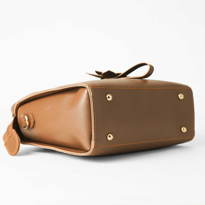 Brown <b>Faux</b> <b>Leather</b> Handbag for Women Stylish Structured <b>Tote</b> with Gold Flower Charm & Protective Base - Product Image 3