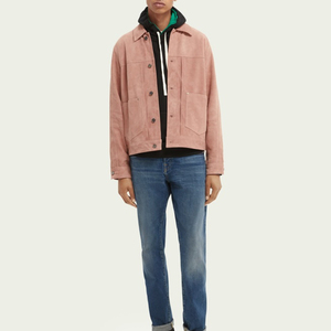 Custom <b>Square</b> Collar 2 Front Patch <b>Pockets</b> <b>Pink</b> Sheep Skin Suede Waterproof Breathable High Street Style Trucker Jacket for Men - Product Image 5