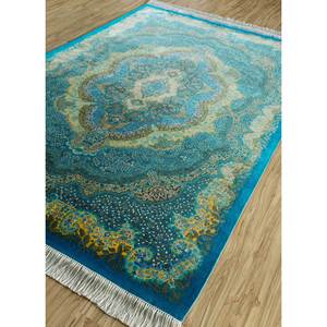 Tapis en soie noué à la main Gulmarg, motif bleu médaillon, pour la maison, rectangulaire 9x12 pouces, design patchwork pour la décoration du salon - Product Image 2