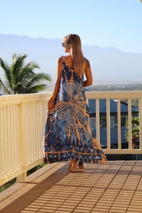 2023 cravate teinture florale sans manches plage Maxi robe pour les femmes décontracté vacances ample dos nu robe d'été tissé parole longueur robe - Product Image 6