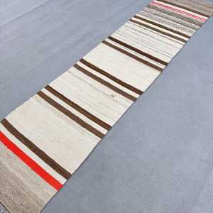 พรมตุรกีวินเทจ ขนาด 2.3x9.6 ฟุต พรมคิลิม สีน้ำตาลขาวลายทาง ทำจากขนสัตว์ - Product Image 2