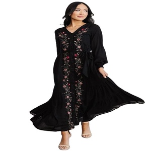 Robes décontractées pour femmes, imprimées à pois, ethniques, vintage, kaftan, longueur genoux, manches bouffantes, 100% lin, printemps-été - Product Image 1