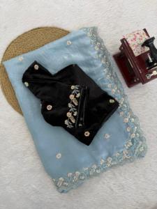 FENDY SILK DESIGNER SAREE <b>BEADS</b> WORK WITH VELVET BLOUSE WEDDING WEAR - Product Image 3