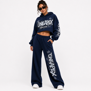 Conjunto Deportivo para Mujer, Color Azul Marino, Sudadera Corta con Capucha, Pantalones Anchos, Algodón Grueso, Tallas Grandes, Cintura Elástica Transpirable, Estilo Urbano - Product Image 1
