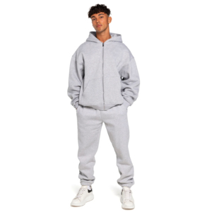 Men's Light Gray <b>Zip</b> Up Oversized <b>Hoodie</b> Long Sleeve Kangaroo <b>Pocket</b> Pullover Casual Trackstar OEM Private Label - Product Image 4