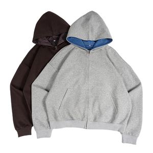 Sweat à capuche réversible double couche personnalisé, doublure en flanelle à carreaux, fermeture éclair, coton épais, streetwear, veste réversible à fermeture éclair - Product Image 1