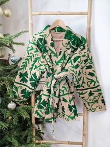 Classique élégant Beige vert émeraude Boho Crewel Suzani brodé à la main veste courte pour les femmes pour l'automne hiver été printemps - Product Image 5