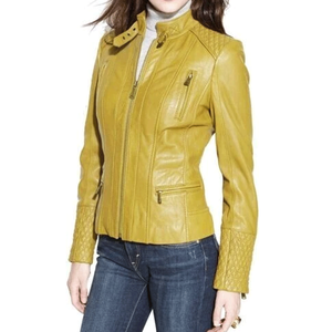 Nueva chaqueta de Moto de cuero de piel de cordero genuino rosa claro para mujer, chaqueta de cuero suave estilo motorista para mujer - Product Image 5