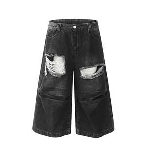 Short en jean vintage délavé à l'acide avec strass pour hommes, streetwear style hip hop baggy et droit pour l'été - Product Image 2
