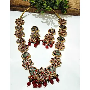 Red & Gold Toned Meenakari Kundan Necklace Set Zircon Fine Jewelry for Wedding Gift Gold Plated Stainless Steel Includes Ring - Product Image 3