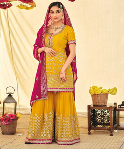 Festival attrayant porter georgette broderie séquence codage travail haut palazzo avec dupatta prix de gros vêtement ethnique ApparelGarment - Product Image 1