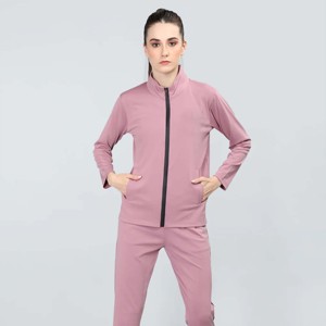 Survêtement à fermeture éclair taille haute pour femme | Ensemble de sport deux pièces à la mode avec veste à fermeture éclair complète et pantalon de survêtement à taille élastique - Product Image 2