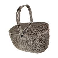 Panier de pique-nique en rotin plastique fait à la main avec fermeture à double couvercle et poignée arquée, rangement en osier écologique et porte-aliments