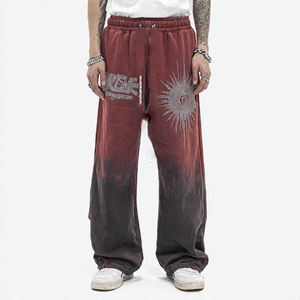 Pantalons de survêtement baggy pour hommes, style streetwear, jambe droite, vintage, délavé au soleil, avec strass, en molleton, pantalons de jogging tendance - Product Image 1