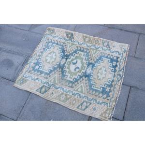 พรมตุรกีโบราณขนาดเล็ก 2.5x2.9 ฟุต สีน้ำเงินเขียว พรมขนสัตว์สไตล์ตะวันตกเฉียงใต้ - Product Image 2