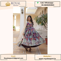 Georgette traditionnelle imprimée à fleurs avec séquence Anarkali Kurti avec pantalon et soie russe Collection Dupatta