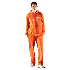 <b>Men's</b> Custom Logo <b>Orange</b> 100% Cotton Breathable Winter Heavyweight Fleece Pullover <b>Hoodie</b> Stacked Sweatpants Set Gusset - Product Image 1