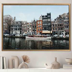 Tableau imprimé sur toile : Décoration murale moderne Canaux d'Amsterdam, 1P : encadré or - Product Image 1