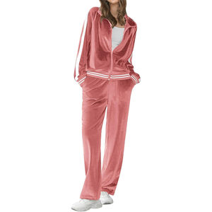 Survêtement en velours pour femme-Ensemble de salon 2 pièces avec sweat-shirt et pantalon de survêtement, tenue en velours zippée avec poches pour tenue décontractée - Product Image 1