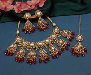 Nuevo diseño chapado en oro tradicional gota perla y Kundan tachonado pendiente Mangtika gargantilla collar conjunto y conjunto de joyería para mujer - Product Image 3