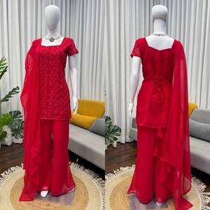 ชุดเซ็ตพลัสโซสีแดงสุดเก๋ ดีไซน์เนอร์ออกแบบ ผ้าจอร์เจตต์เนื้อหนัก ปักลายสำเร็จรูป พร้อมสวมใส่สำหรับผู้หญิง - Product Image 2