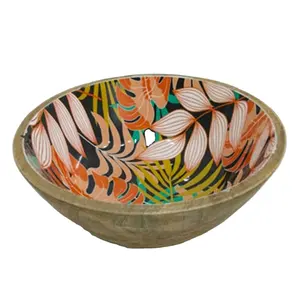 Super fine Quality Round Wooden Bowl With Meena Work Tableware Large Size Pure mango wood Food Server ware Bowl From Supplies