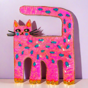Stylish <b>Pink</b> Cat <b>Sequin</b> Iron-On Patch for Fashion Apparel - Product Image 1