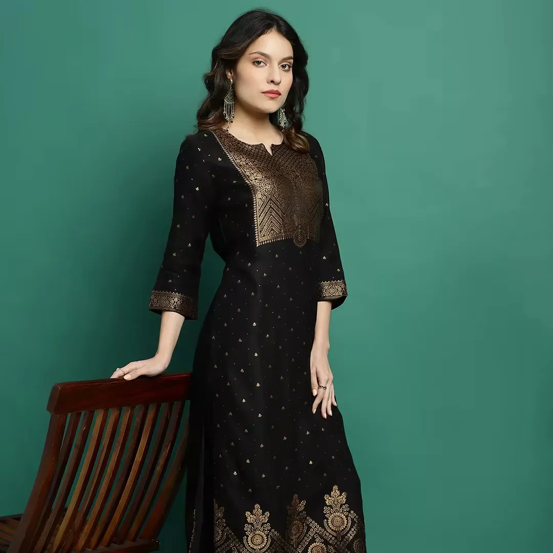 Beautiful Self Designer Readymade Women's Long Casual Wear Kurta in Black Paired with Pant & Designer Dupatta Sets at Bulk Price