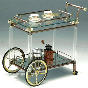 Carrito de Servicio Rodante con Espejo Redondo de Metal Latón para Almacenamiento en el Hogar, con Acabado Dorado y Superficie de Vidrio para Bebidas - Product Image 6