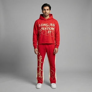 ชุดเซ็ตเสื้อฮู้ดดี้พิมพ์ลายสีแดงและกางเกงจ็อกเกอร์สำหรับผู้ชาย ชุดลำลองสองชิ้น สไตล์สตรีทแวร์ แฟชั่นชุดกีฬา - Product Image 2