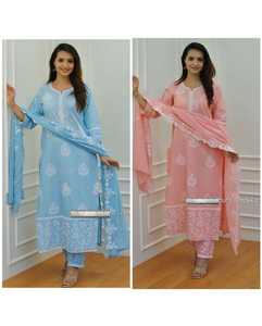 Completo elegante in cotone di alta qualità con bellissimo segno di lavoro in filo Chikankari splendidamente ricamato Dupatta