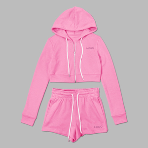 2024 oem logo personnalisé tricot printemps été sweat à capuche court et tenue courte 2 pièces ensemble jogging survêtements survêtement costume pour les femmes - Product Image 4