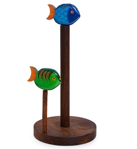 Porte-serviettes Poissons peints à la main en bois de sheesham Porte-serviettes Distributeur de rouleaux de comptoir Base antidérapante pour la cuisine - Product Image 5