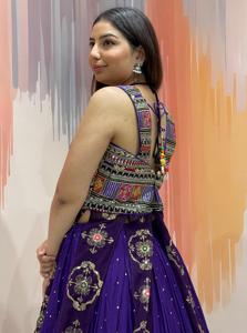 Celebrity Russian Silk Long <b>Jacket</b> Style Chaniya Choli With Embroidered Dupatta Navratri <b>Wedding</b> 58 kum kum vintage choli - Product Image 2