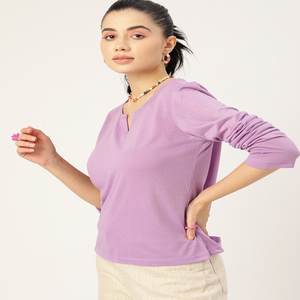 Camiseta de cuello redondo liso morado, ropa informal de verano, camiseta de mujer de manga regular de longitud completa - Product Image 2