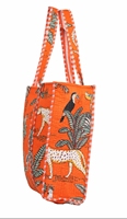 Bolso de Hombro Acolchado Tipo Duffle, de Algodón con Estampado a Mano, Diseño Naranja Selva, Ecológico, Sostenible, para Compras, Playa, Estilo Boho, Fin de Semana